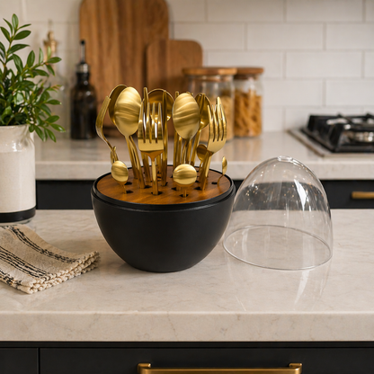 24-Piece Cutlery Set with Storage Stand – Gold Finish Stainless Steel Utensils