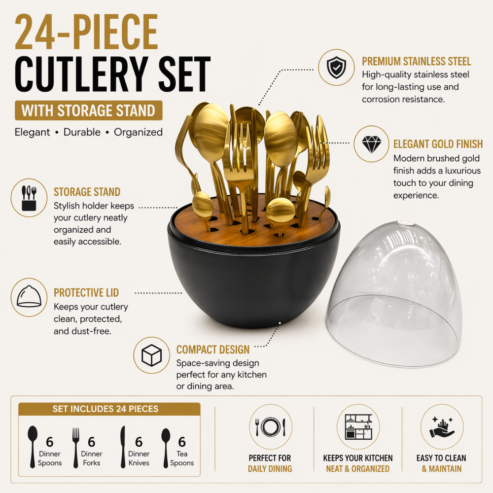 24-Piece Cutlery Set with Storage Stand – Gold Finish Stainless Steel Utensils
