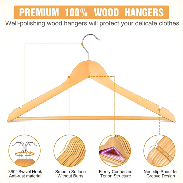 Brown Wooden Hangers - Keep Your Wardrobe Organised in Style - 20 Pack