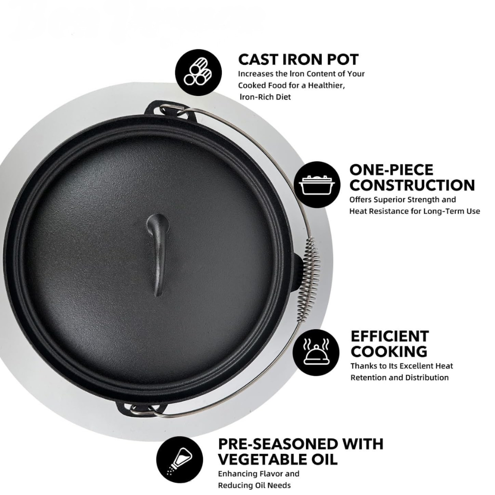 Cast Iron Potjie Pot with Lid & Carry Handle - Outdoor & Indoor Cooking