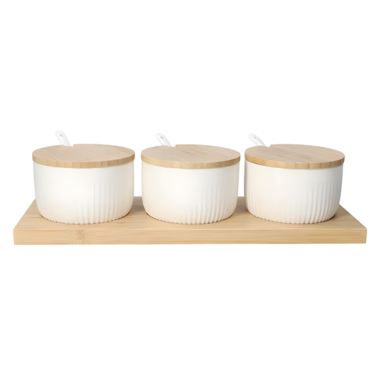 3-Piece Ceramic Condiment Jar Set with Bamboo Lids, Spoons, Tray & Spices