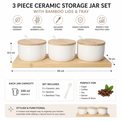 3-Piece Ceramic Condiment Jar Set with Bamboo Lids, Spoons, Tray & Spices