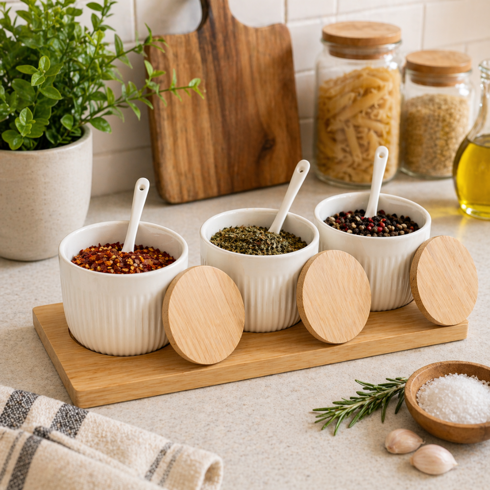 3-Piece Ceramic Condiment Jar Set with Bamboo Lids, Spoons, Tray & Spices