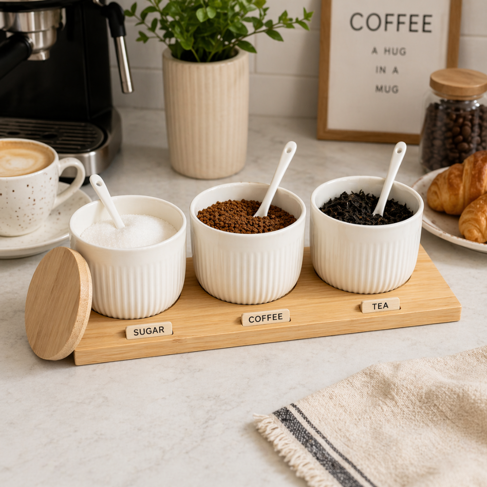 3-Piece Ceramic Condiment Jar Set with Bamboo Lids, Spoons, Tray & Spices