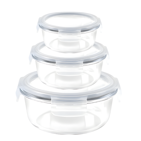 3-Piece Large Round Glass Food Containers Set - Airtight Leak-Proof Lids