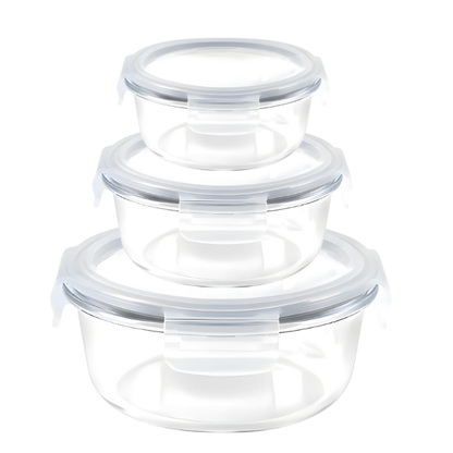 3-Piece Large Round Glass Food Containers Set - Airtight Leak-Proof Lids