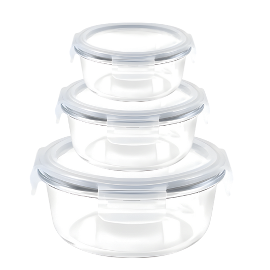 3-Piece Large Round Glass Food Containers Set - Airtight Leak-Proof Lids