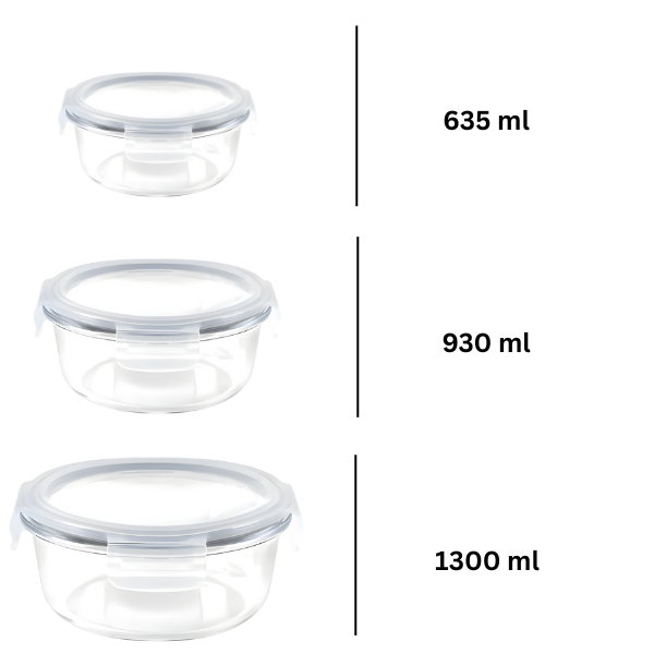 3-Piece Large Round Glass Food Containers Set - Airtight Leak-Proof Lids