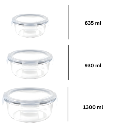 3-Piece Large Round Glass Food Containers Set - Airtight Leak-Proof Lids