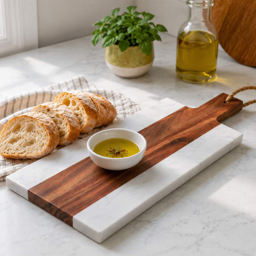 Acacia Wood & White Marble Serving Board – 38 cm Luxury Cheese & Charcuterie Platter