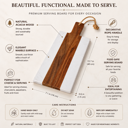 Acacia Wood & White Marble Serving Board – 38 cm Luxury Cheese & Charcuterie Platter