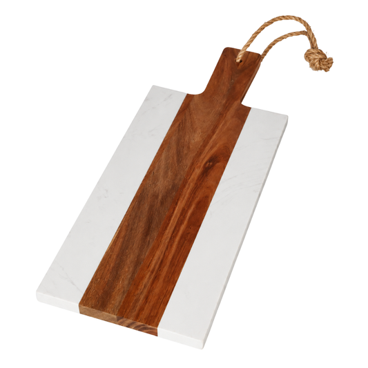 Acacia Wood & White Marble Serving Board – 38 cm Luxury Cheese & Charcuterie Platter