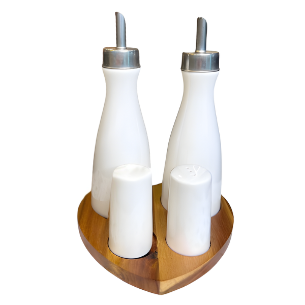 White Porcelain Oil & Vinegar Bottles with Shaker Set on Wooden Stand