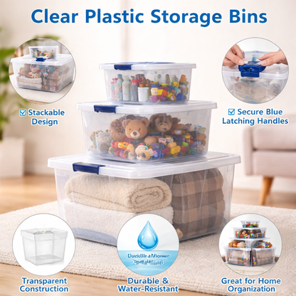Clear Plastic Storage Boxes with Lids - Stackable Home Organiser Set