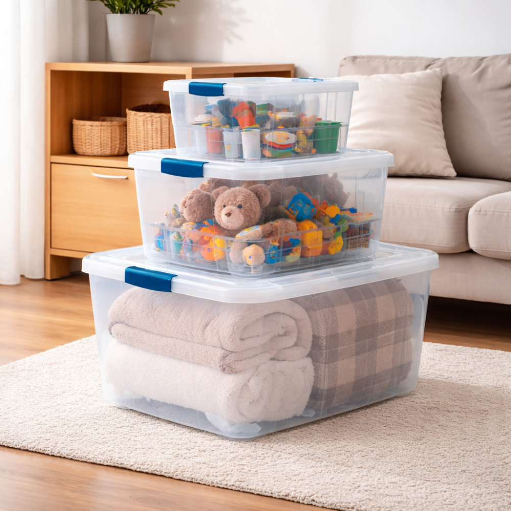 Clear Plastic Storage Boxes with Lids - Stackable Home Organiser Set
