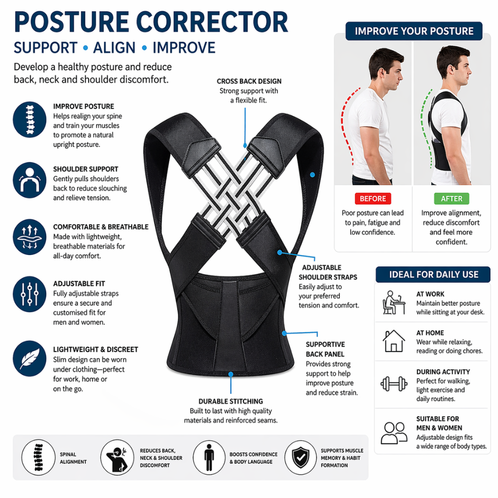 Adjustable Posture Corrector Back Brace – Upper Back & Shoulder Support