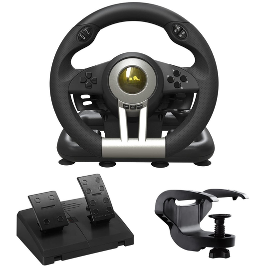 Gaming Steering Wheel with Pedals – Racing Simulator Wheel with Clamp Mount