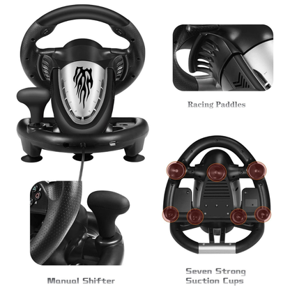 Gaming Steering Wheel with Pedals – Racing Simulator Wheel with Clamp Mount