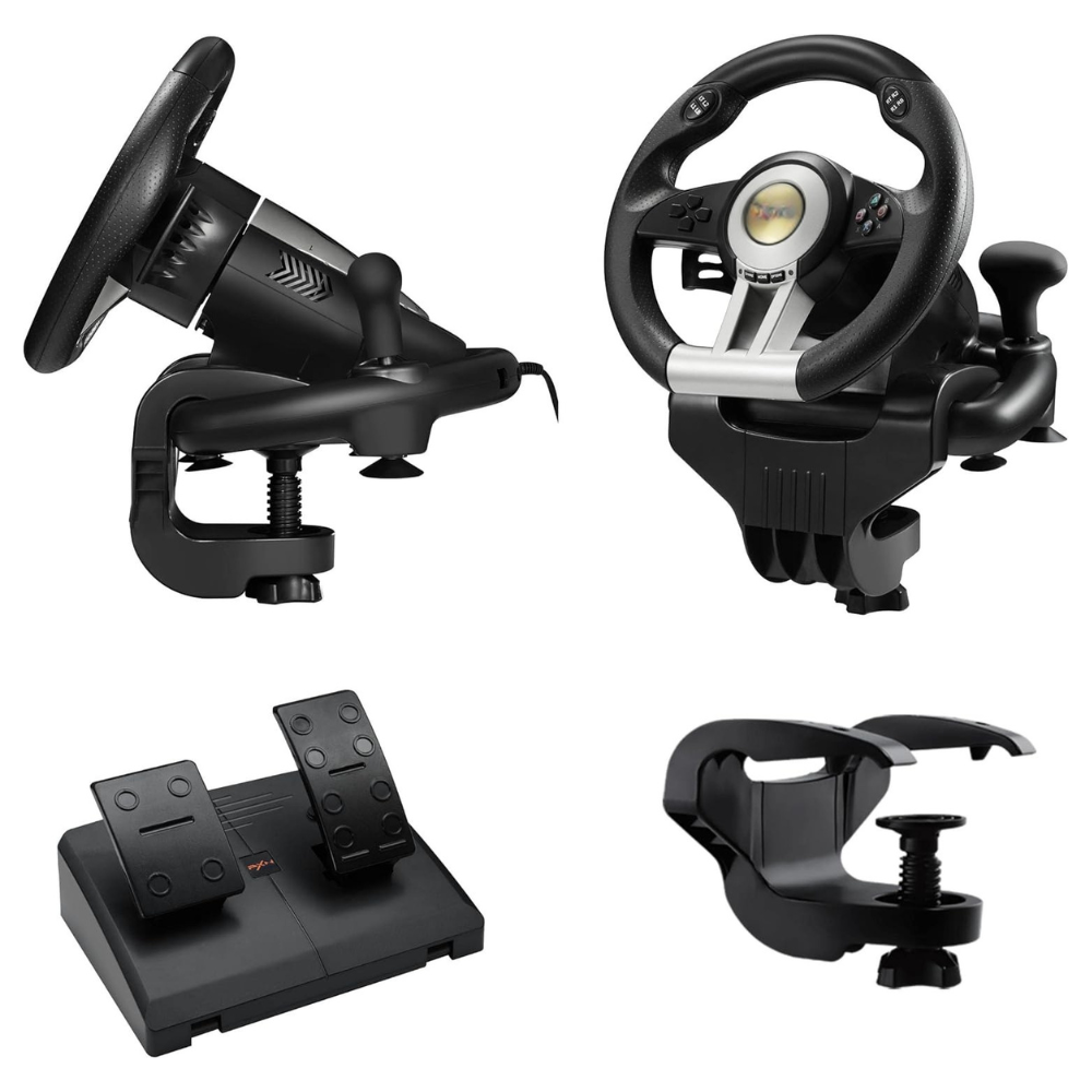 Gaming Steering Wheel with Pedals – Racing Simulator Wheel with Clamp Mount