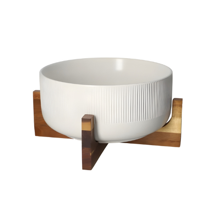 Modern Ceramic Salad Bowl with Wooden Stand - Elegant Serving & Décor Piece