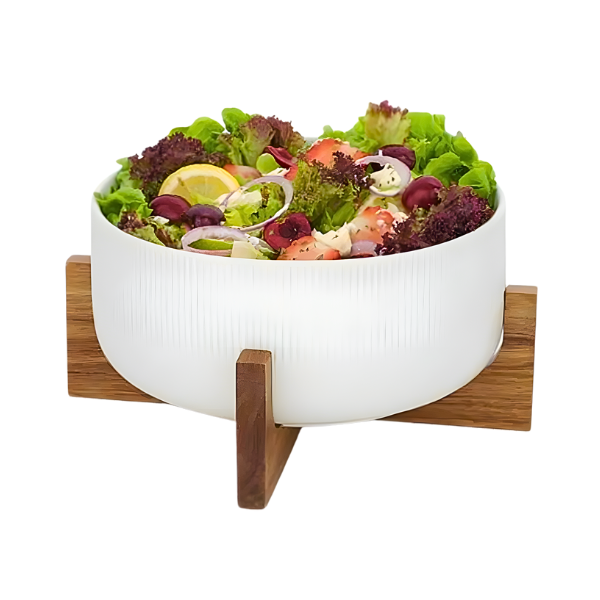 Modern Ceramic Salad Bowl with Wooden Stand - Elegant Serving & Décor Piece