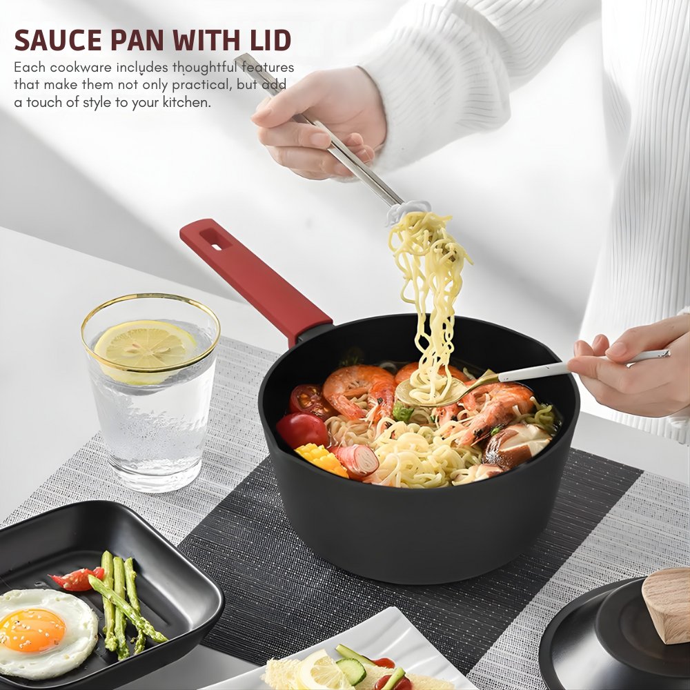 Non-Stick Saucepan with Glass Lid - Red Handle