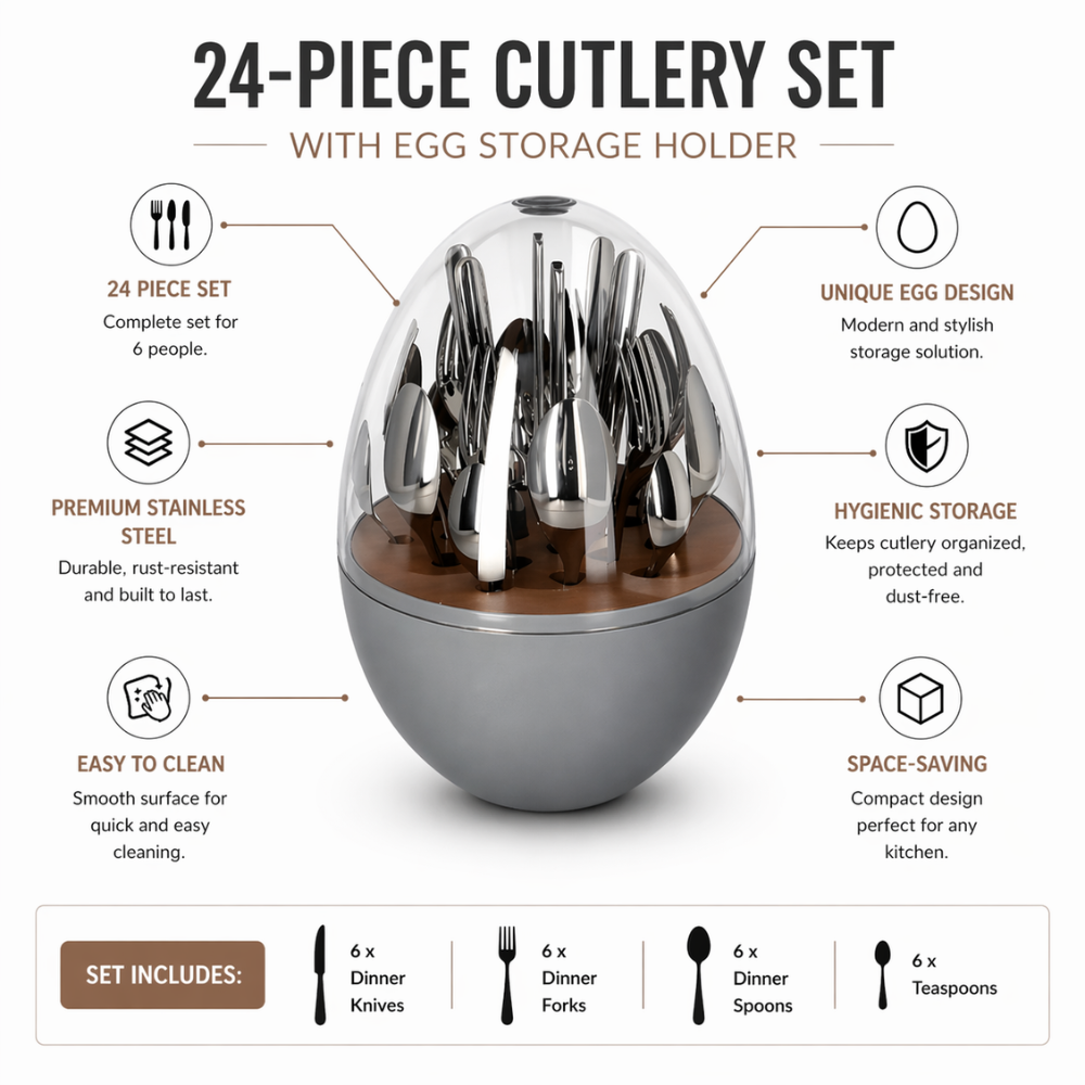 24-Piece Cutlery Set with Storage Stand – Gold Finish Stainless Steel Utensils
