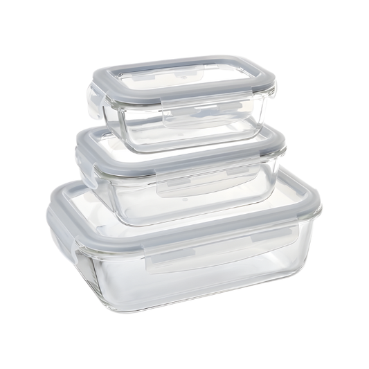 3-Piece Rectangular Glass Food Storage Container Set-Airtight & Leak-Proof