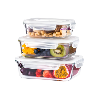 3-Piece Rectangular Glass Food Storage Container Set-Airtight & Leak-Proof