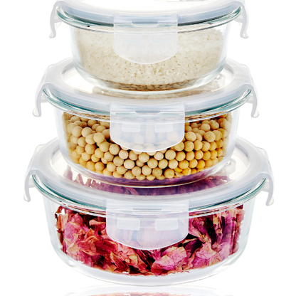 3-Piece Large Round Glass Food Containers Set - Airtight Leak-Proof Lids