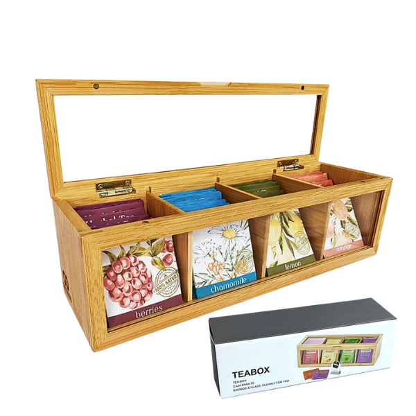 Bamboo Tea Holder Organizer - Countertop Tea Bag Dispenser for Kitchen