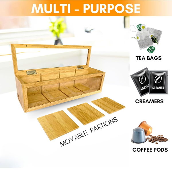 Bamboo Tea Holder Organizer - Countertop Tea Bag Dispenser for Kitchen