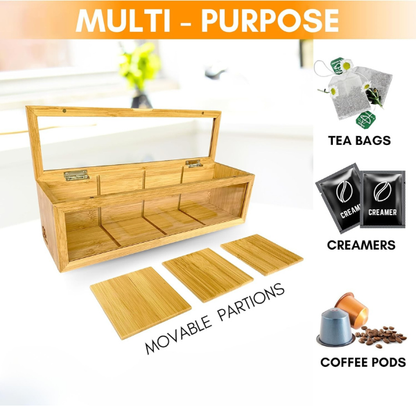 Bamboo Tea Holder Organizer - Countertop Tea Bag Dispenser for Kitchen