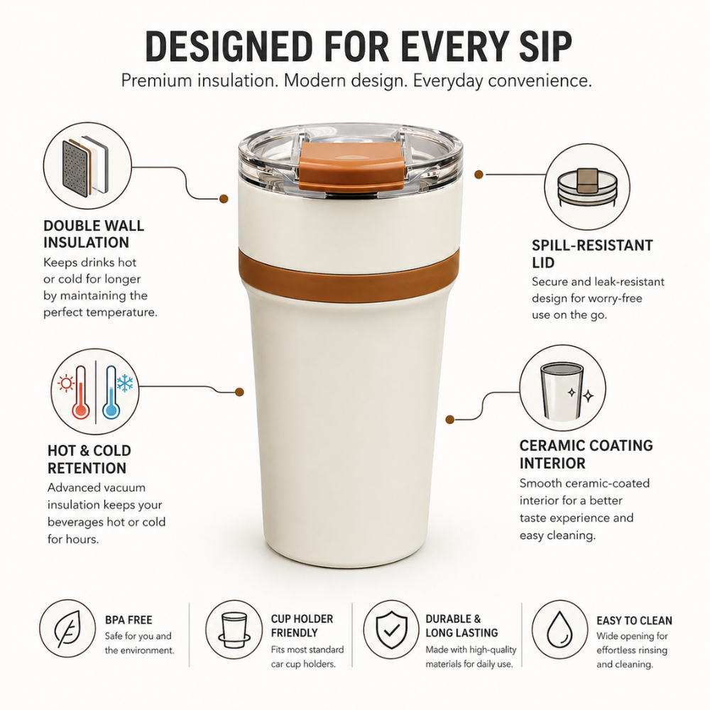 Double Wall Vacuum Tumbler Mug – Ceramic Coated Insulated Coffee Flask