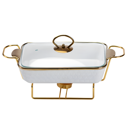 Luxury White Ceramic Casserole Dish with Gold Stand & Lid