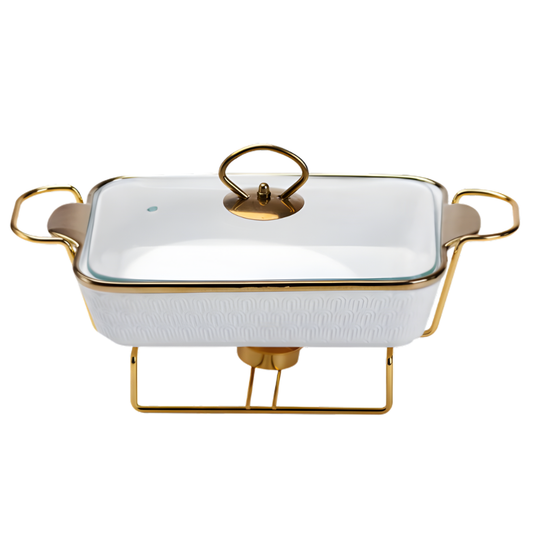 Luxury White Ceramic Casserole Dish with Gold Stand & Lid