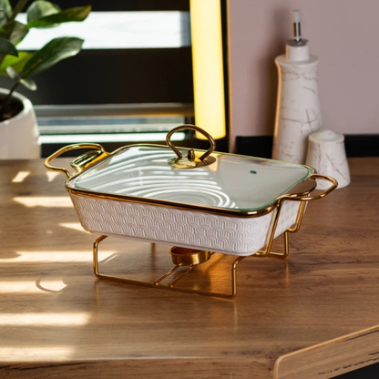 Luxury White Ceramic Casserole Dish with Gold Stand & Lid