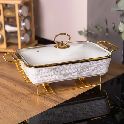 Luxury White Ceramic Casserole Dish with Gold Stand & Lid