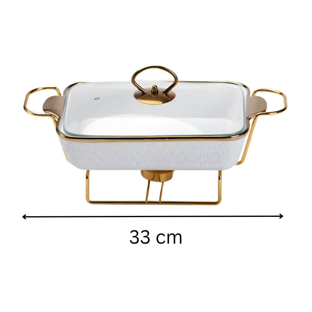 Luxury White Ceramic Casserole Dish with Gold Stand & Lid
