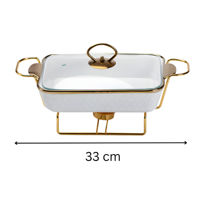 Luxury White Ceramic Casserole Dish with Gold Stand & Lid