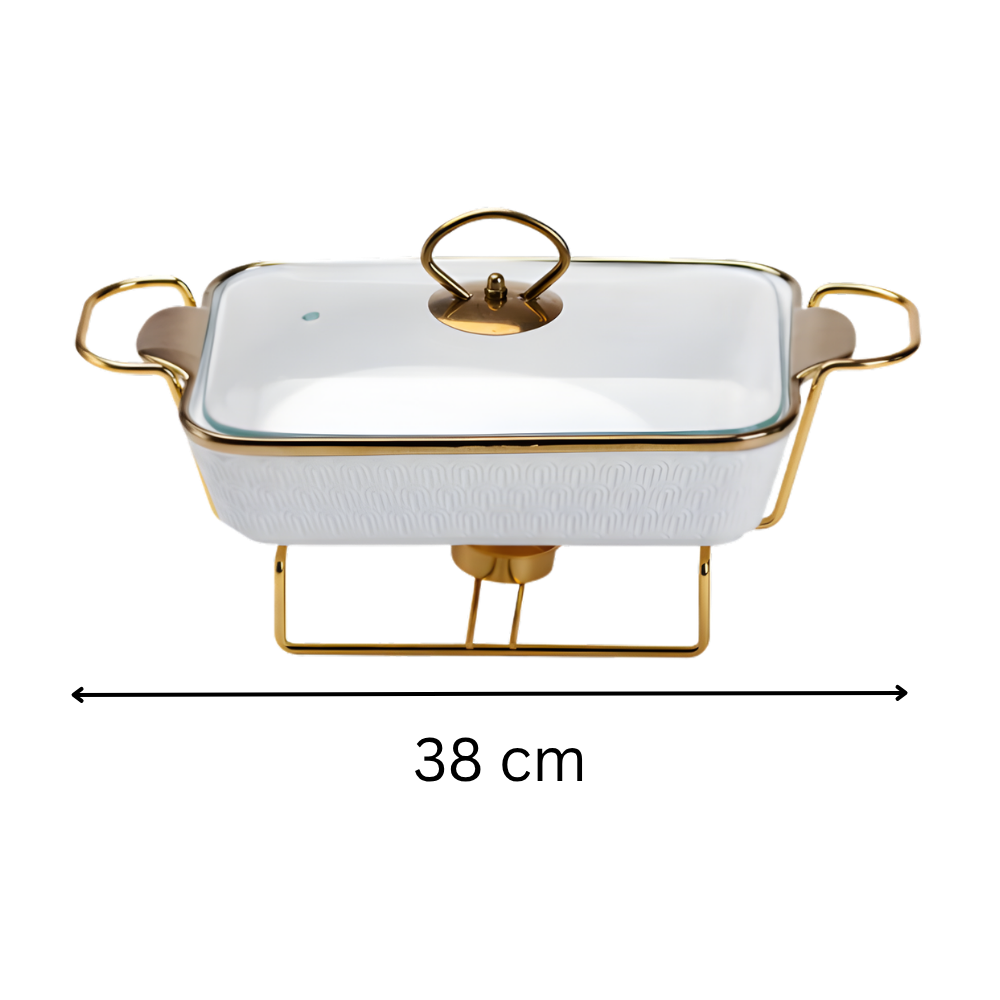 Luxury White Ceramic Casserole Dish with Gold Stand & Lid