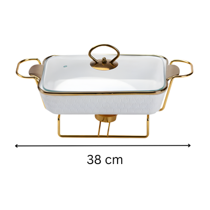 Luxury White Ceramic Casserole Dish with Gold Stand & Lid
