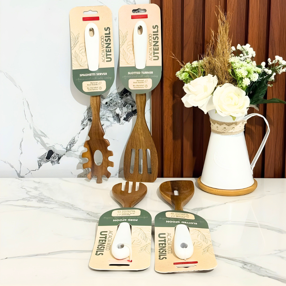 5-Piece Wooden Kitchen Utensil Set with Pasta Server & Scissors