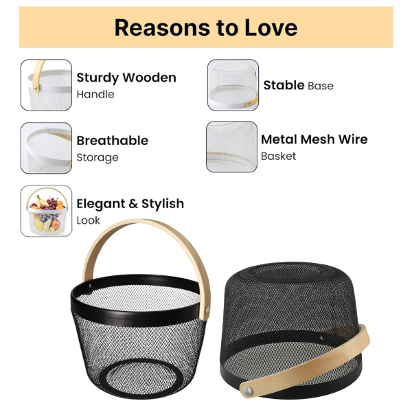Wire Mesh Storage Basket with Wooden Handle