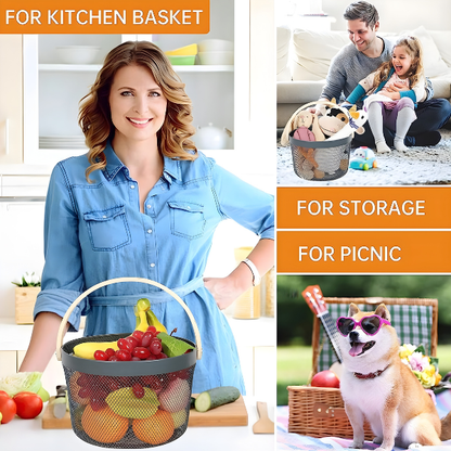 Wire Mesh Storage Basket with Wooden Handle