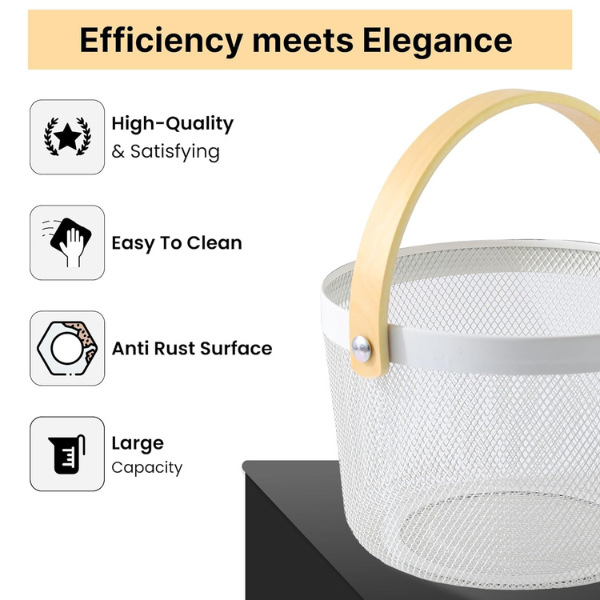 Wire Mesh Storage Basket with Wooden Handle