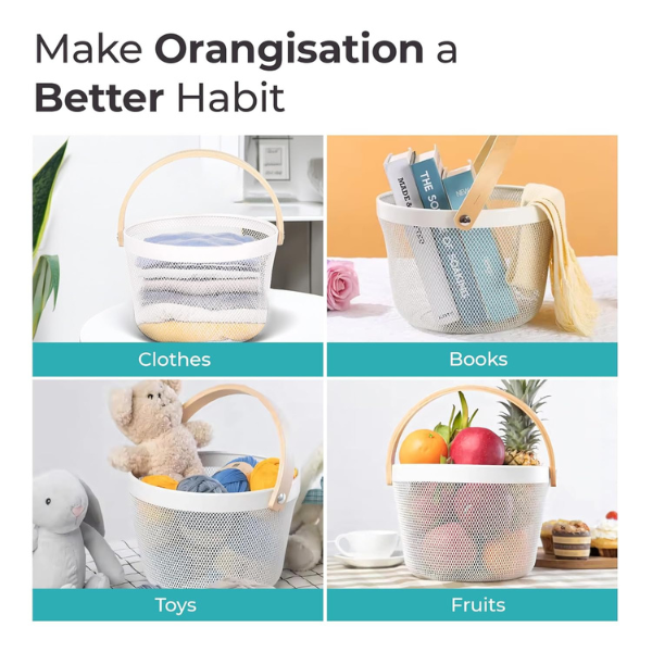 Wire Mesh Storage Basket with Wooden Handle