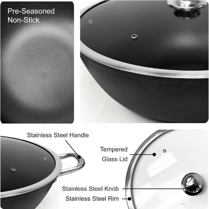 Non-Stick Deep Wok Pan with Glass Lid - Aluminum Cooking Pot