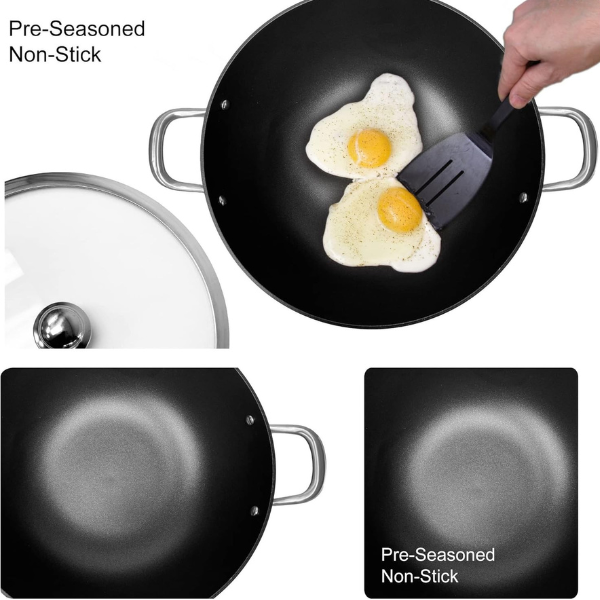 Non-Stick Deep Wok Pan with Glass Lid - Aluminum Cooking Pot